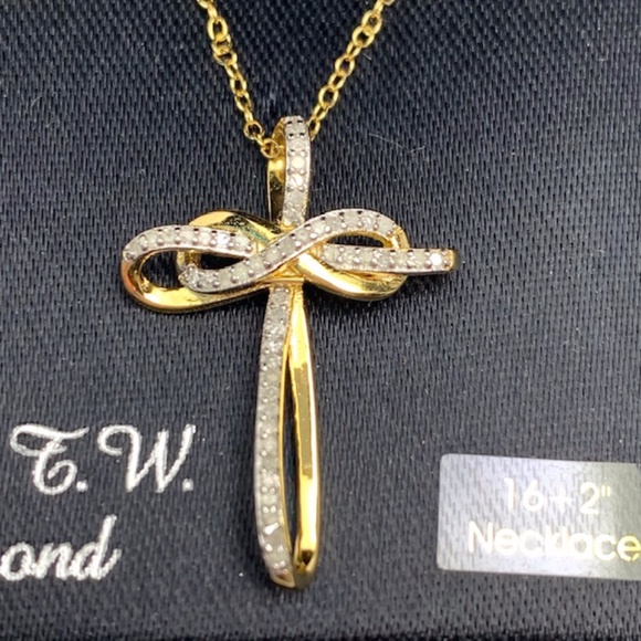 14K GOLD OVER 925 ST SILVER DIAMOND CROSS NECKLACE - Picture 1 of 10